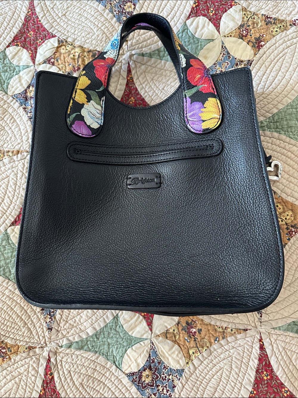Brighton Black Leather Tote with Floral Accent Handles